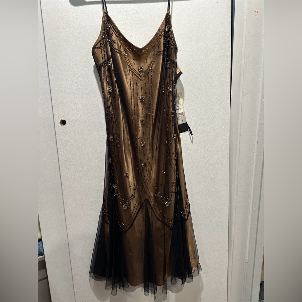 Vintage 90s spaghetti strap flapper style mesh beaded overlay dress - Picture 5 of 7